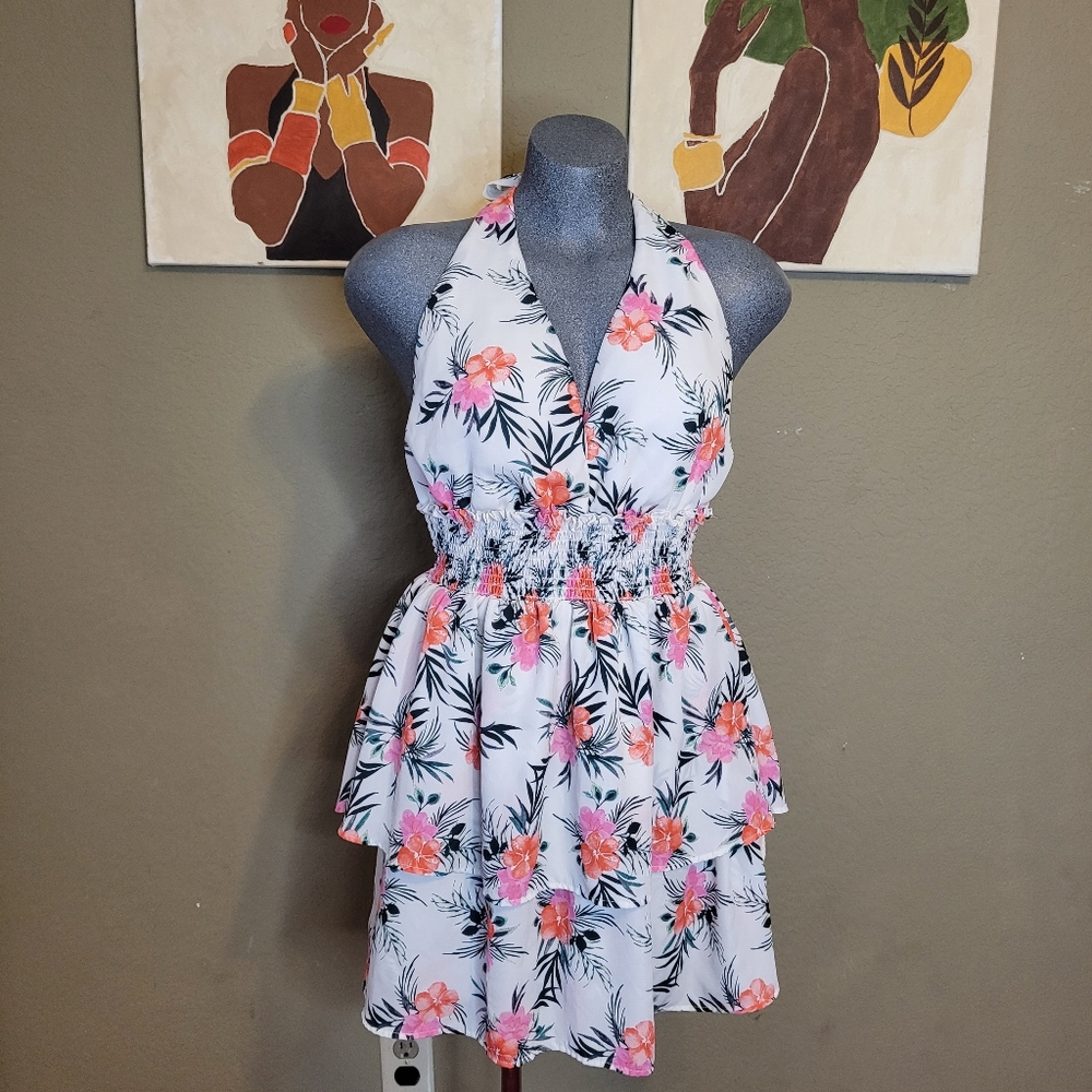 Floral Halter Dress with Pink and Green Pattern Size Large/XL